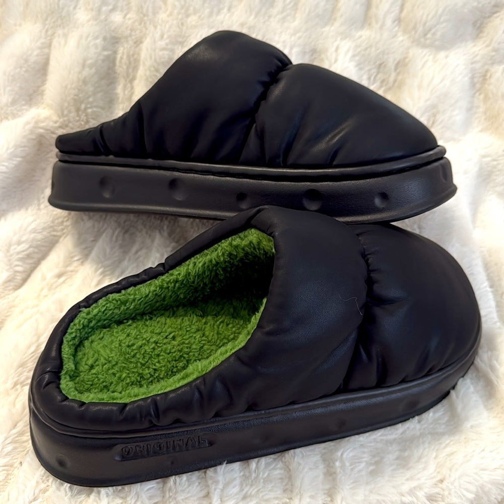 NEW Black Quilted Slip-On Shoes with Green Lining